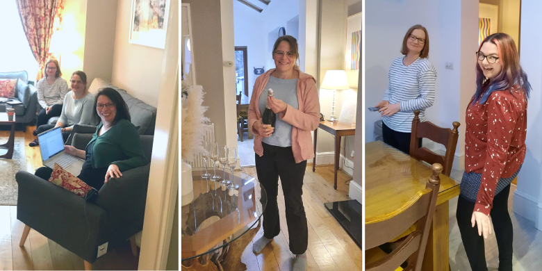 Three photos of editors on the retreat. One: editors smiling on sofas. Two: editor opening bottle of prosecco. Three: two editors posing in kitchen.