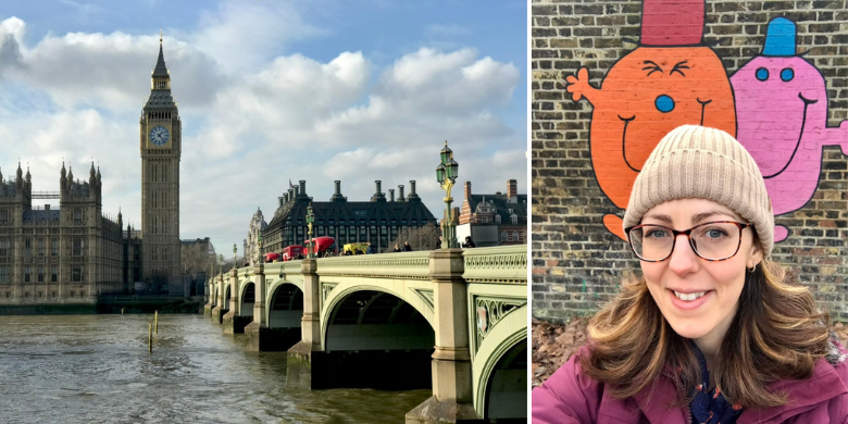 Two photos from my walk. One: houses of parliament viewed from across the River Thames. Two: a selfie of me in a pink coat and beige woolly hat in front of some graffiti of Mr Men cartoon characters