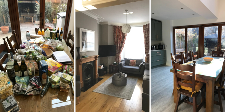 Three photos of the rented house. One: dining table covered in groceries. Two: cosy living room with fireplace and grey sofas. Three: spacious kitchen with big wooden table and bifold doors.